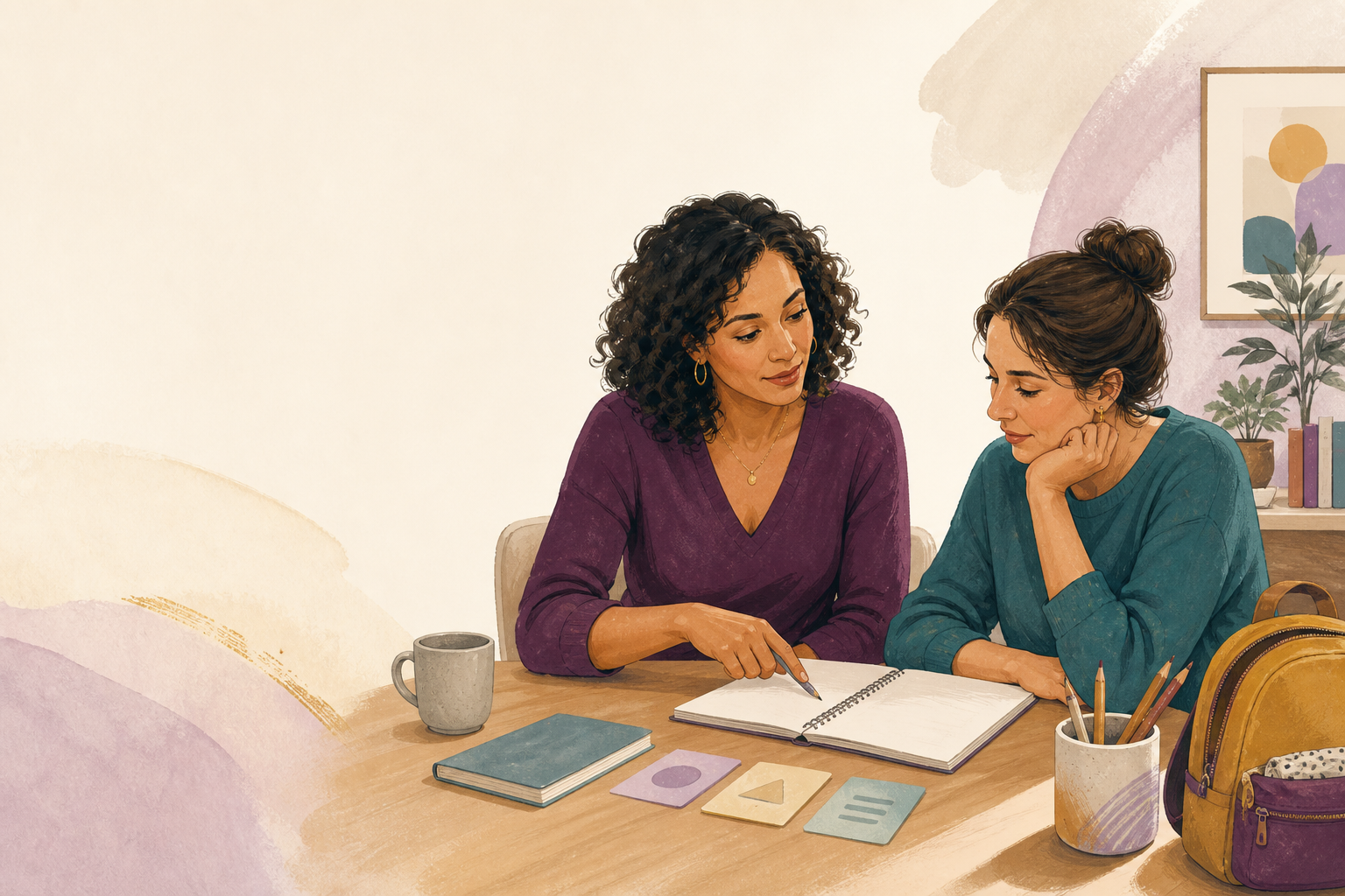 Sophia calmly helping a parent understand an assignment at a table